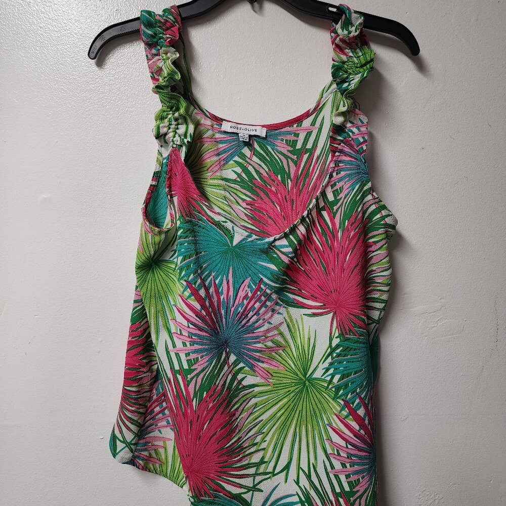 Rose & Olive green pink ruffle straps tank top Medium Summer Vacation Cruise